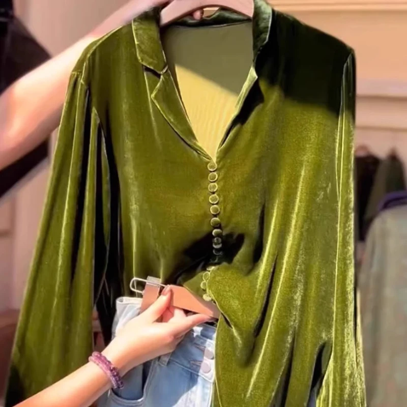 Spring Fall Women Suit Collar Button Green Velvet Top Shirt , Woman Fashion Elegant Velour Tops Shirts
Spring Fall Women Suit Collar Button Green Velvet Top Shirt , Woman Fashion Elegant Velour Tops Shirts