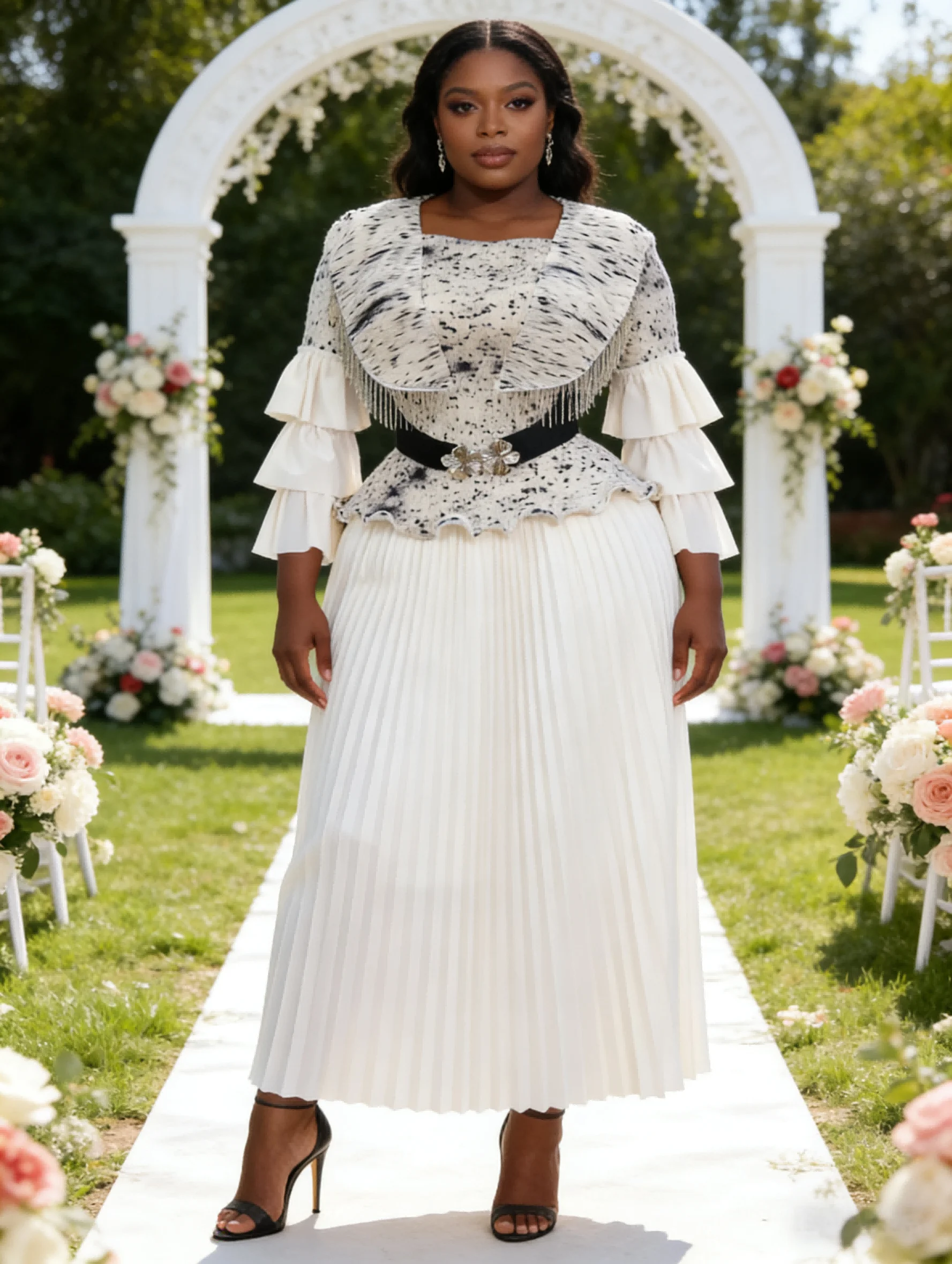 Miyaki Pleated Plus-Size Two-Piece Skirt Set Dress for Women, Wedding Pleated Skirt with Belt, Elegant Slim-Fit Ladylike Style, Tassel Long Sleeves, Tiered Sleeves, Fishnet Fabric
Miyaki Pleated Plus-Size Two-Piece Skirt Set Dress for Women, Wedding Pleated Skirt with Belt, Elegant Slim-Fit Ladylike Style, Tassel Long Sleeves, Tiered Sleeves, Fishnet Fabric