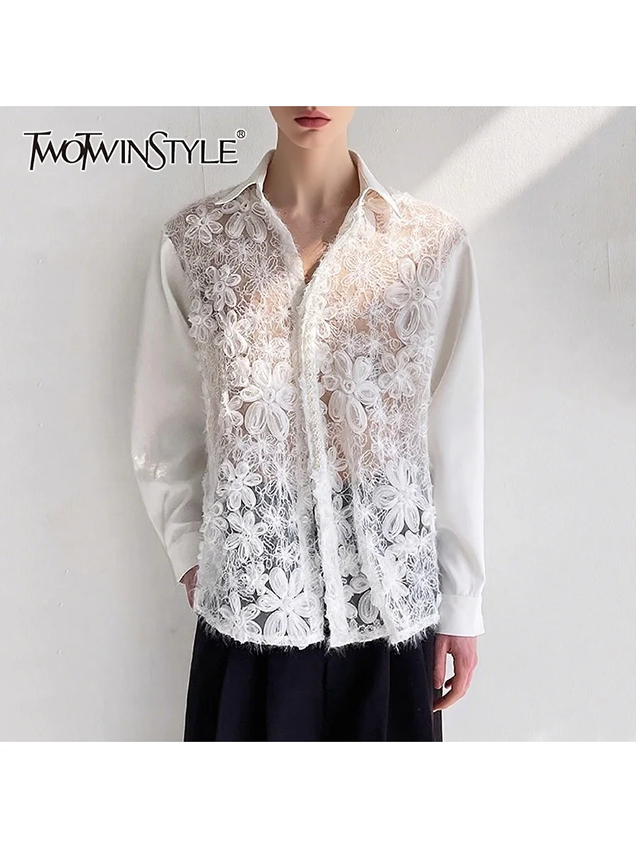 TWOTWINSTYLE Solid Sheer Spliced Mesh Elegant Blouses for Women Lapel Long Sleeves Patchwork Bead Blouse Female Fashion Clothing
TWOTWINSTYLE Solid Sheer Spliced Mesh Elegant Blouses for Women Lapel Long Sleeves Patchwork Bead Blouse Female Fashion Clothing