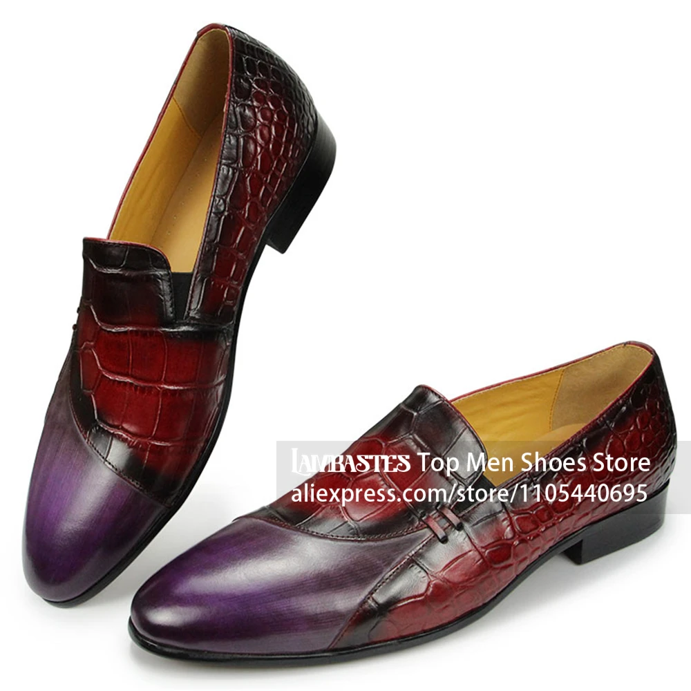 Slip on Pointed Toe Business Shoes Purple Red Gradient Crocodile Embossed Loafers Spliced Toe Cap Glossy Polished Dress Shoes
Slip on Pointed Toe Business Shoes Purple Red Gradient Crocodile Embossed Loafers Spliced Toe Cap Glossy Polished Dress Shoes