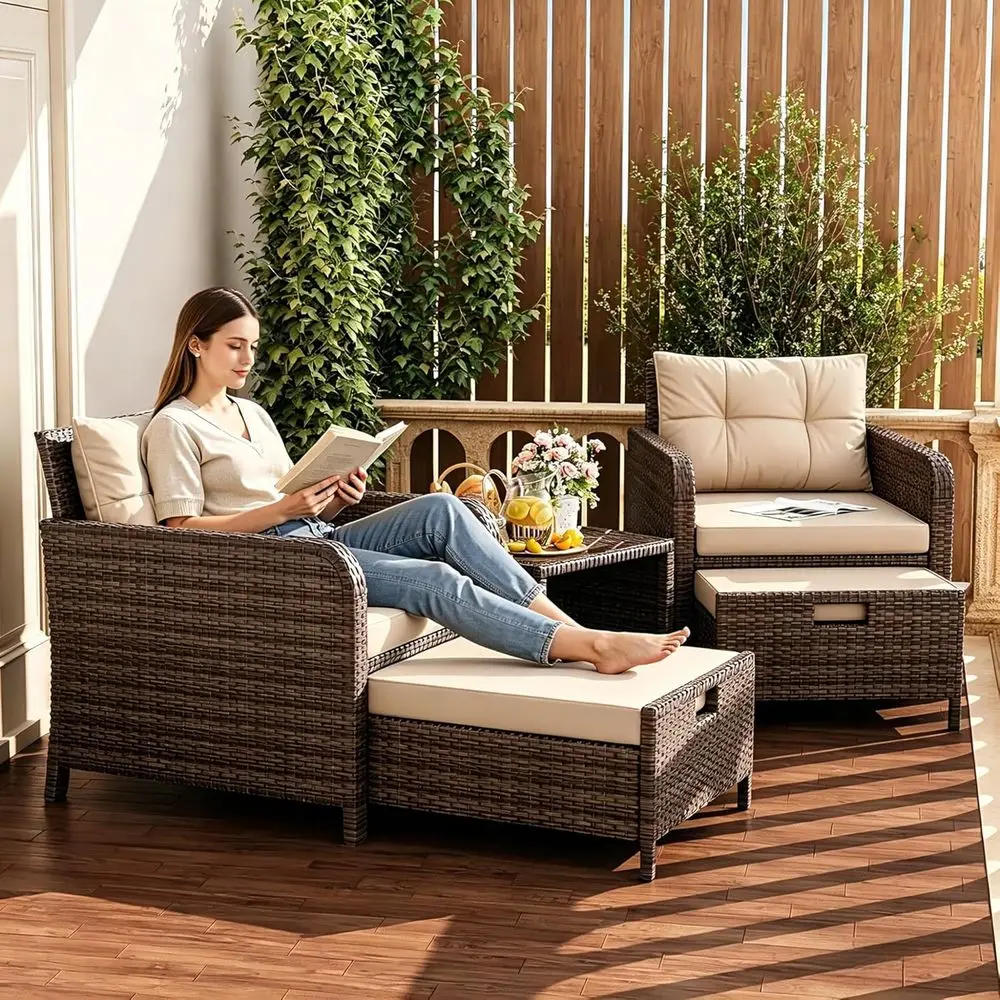 5-Piece Outdoor Patio Furniture Set with PE Rattan Chairs, Cushions, Ottomans, and Table in Beige
5-Piece Outdoor Patio Furniture Set with PE Rattan Chairs, Cushions, Ottomans, and Table in Beige