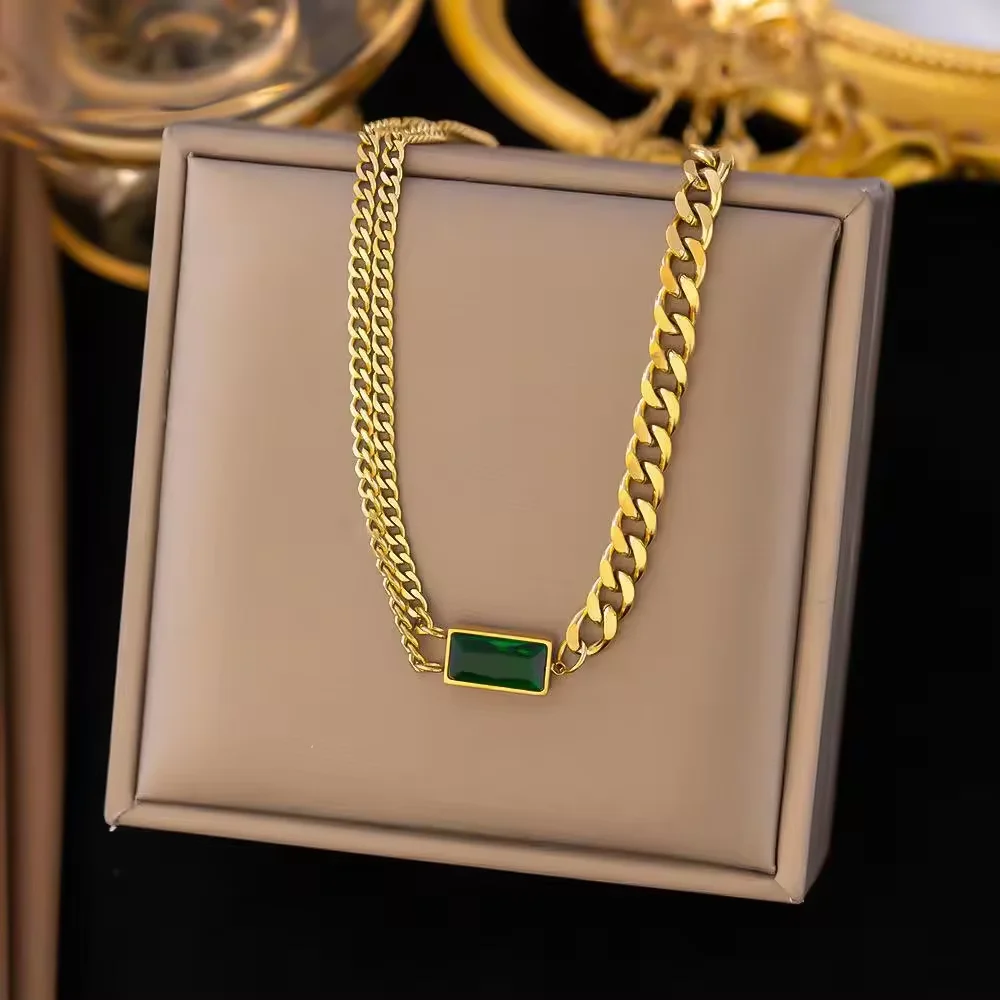 18K Gold Plated Stainless Steel Jewelry Emerald Gemstone Cuban Chain Necklace Chunk Charm Pendant Jewellery for Women Gift Party
18K Gold Plated Stainless Steel Jewelry Emerald Gemstone Cuban Chain Necklace Chunk Charm Pendant Jewellery for Women Gift Party
