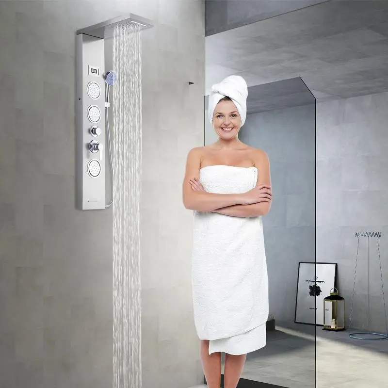 Shower Panel System Stainless Steel Wall Mounted Shower Unit Bathroom Fixtures With 5 Shower Modes 59 Inch Hose For Massage Spa
Shower Panel System Stainless Steel Wall Mounted Shower Unit Bathroom Fixtures With 5 Shower Modes 59 Inch Hose For Massage Spa