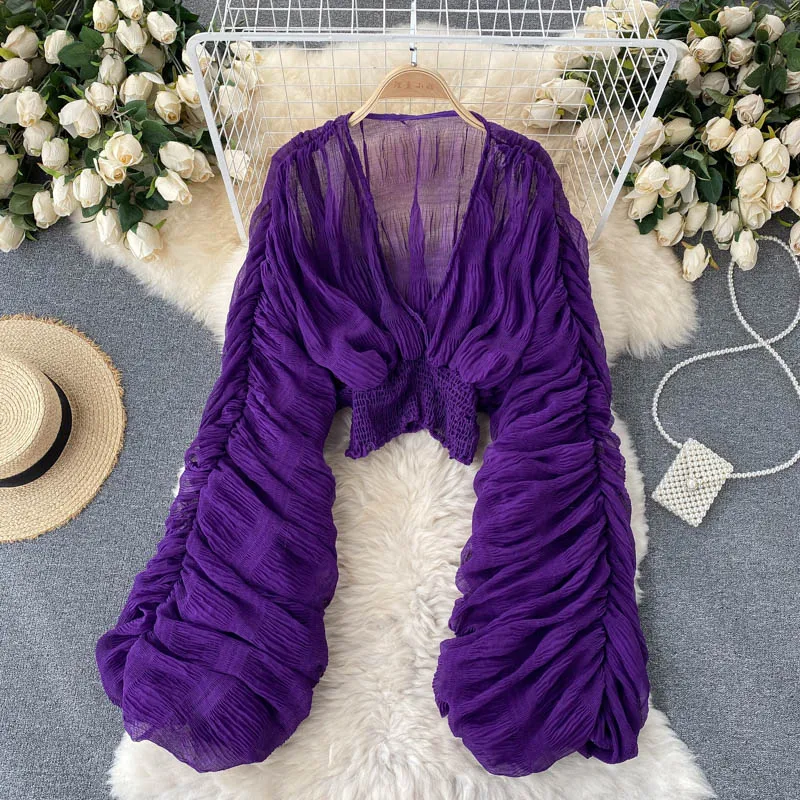 Chic Sweet Pleated Puff Long Sleeve Blouse Slim Chiffon Elegant Korean Fashion Crop Top Sexy Women Shirt
Chic Sweet Pleated Puff Long Sleeve Blouse Slim Chiffon Elegant Korean Fashion Crop Top Sexy Women Shirt