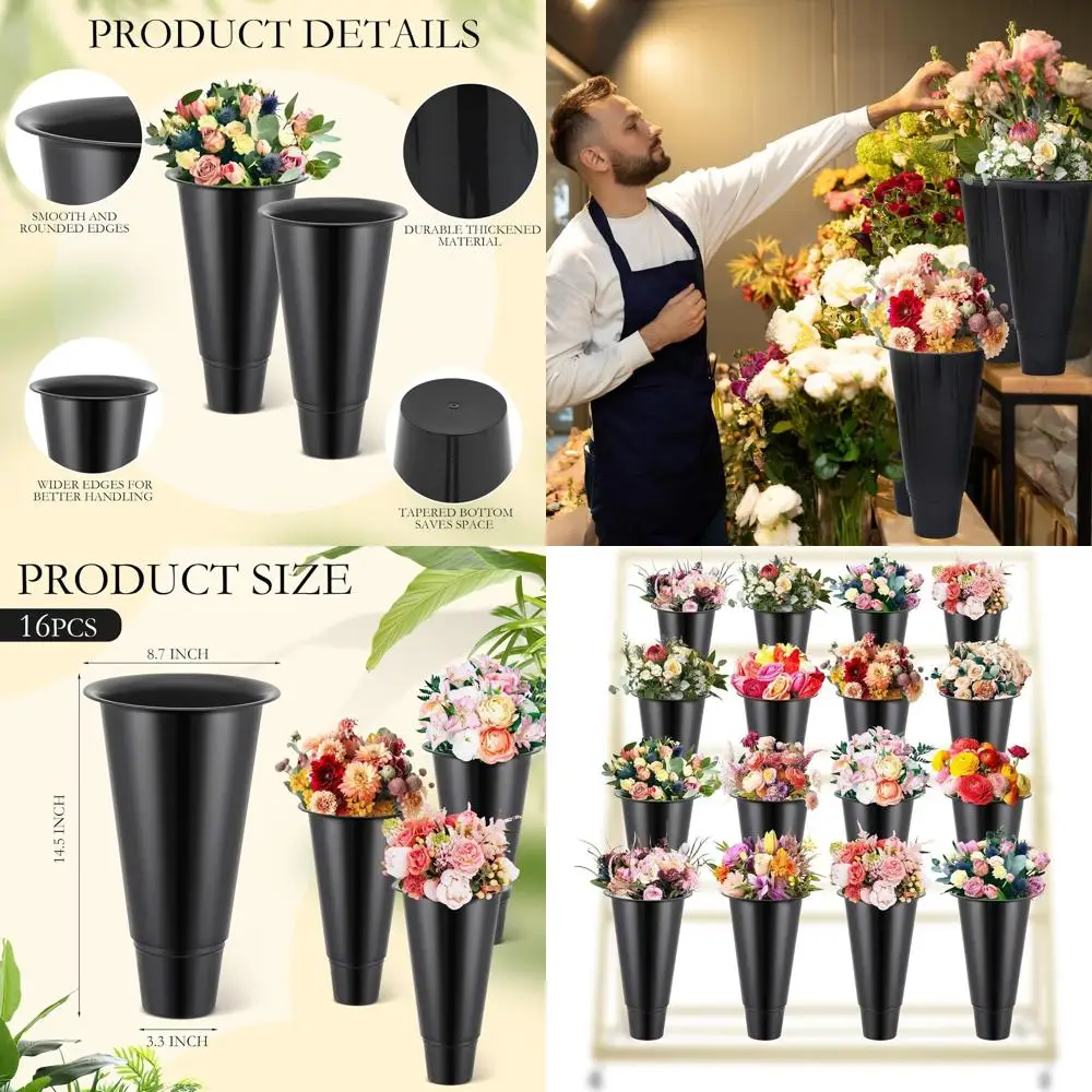 Set of 16 Black Plastic Flower Vases, 14.5 Tall, for Floral Arrangements, Indoor/Outdoor Use, Weddings, and Home Decor
Set of 16 Black Plastic Flower Vases, 14.5 Tall, for Floral Arrangements, Indoor/Outdoor Use, Weddings, and Home Decor
