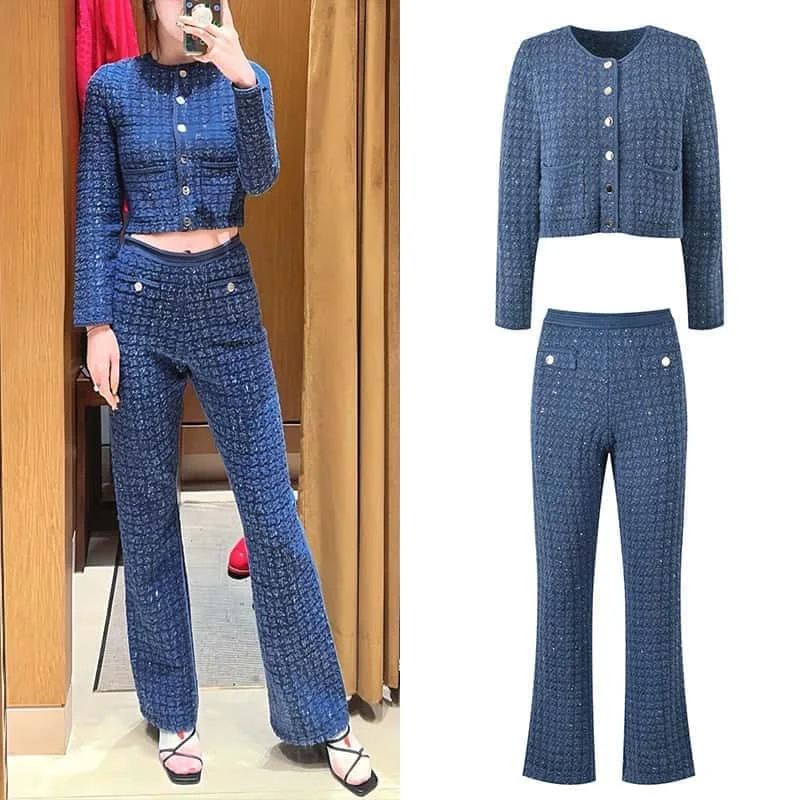 High Quality Autumn New Blue Knitted Set For Women O Neck Long Sleeve Button Short Top or High Waist Casual Pants Female Luxury
High Quality Autumn New Blue Knitted Set For Women O Neck Long Sleeve Button Short Top or High Waist Casual Pants Female Luxury