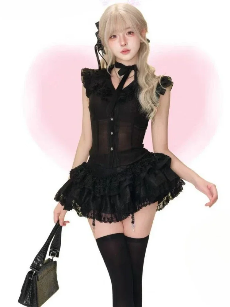 Y2k Эстетический комплект из двух предметов, женская прозрачная блузка с рюшами и летящими рукавами + мини-юбки с высокой талией, кружевные лоскутные юбки, костюм в стиле гранж 
Y2k Эстетический комплект из двух предметов, женская прозрачная блузка с рюшами и летящими рукавами + мини-юбки с высокой талией, кружевные лоскутные юбки, костюм в стиле гранж