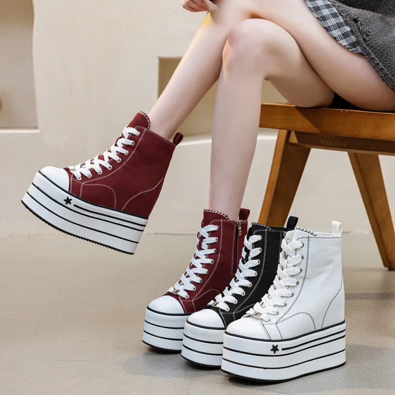 New 16CM High Heels Women Autumn Winter Platform Leather Canvas Ankle Boots Thick Bottom Chunky Sneakers Motorcycle Shoes Woman
New 16CM High Heels Women Autumn Winter Platform Leather Canvas Ankle Boots Thick Bottom Chunky Sneakers Motorcycle Shoes Woman