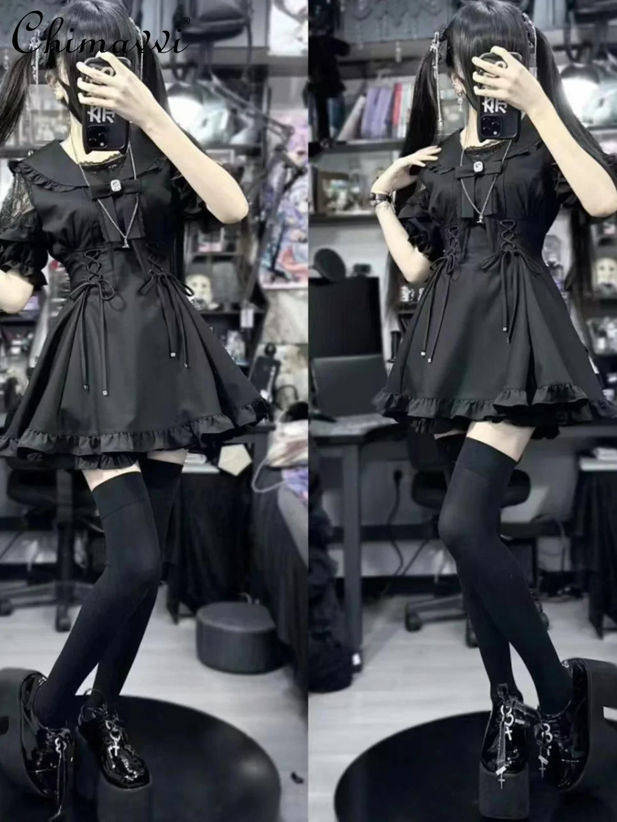 Japanese Style Mine Lace Patchwork Sailor Collar Short Sleeve Slim-fit Black Shirt Shorts 2 Peice Set Sweet Girl's Dress Suit
Japanese Style Mine Lace Patchwork Sailor Collar Short Sleeve Slim-fit Black Shirt Shorts 2 Peice Set Sweet Girl's Dress Suit