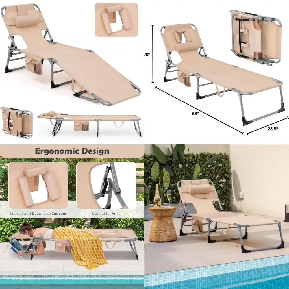 Adjustable Outdoor Chaise Lounge Chair with Face and Arm Holes, Detachable Pillow, Side Pocket, Carry Handle, Ideal for Beach an
Adjustable Outdoor Chaise Lounge Chair with Face and Arm Holes, Detachable Pillow, Side Pocket, Carry Handle, Ideal for Beach an