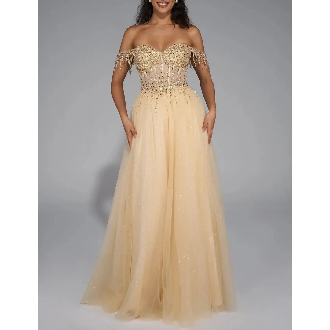 Sparkly Beading Prom Dresses 2026 Off the Shoulder Tassel Sequins A-line Luxury Chic Princess Birthday Gowns Customized
Sparkly Beading Prom Dresses 2026 Off the Shoulder Tassel Sequins A-line Luxury Chic Princess Birthday Gowns Customized