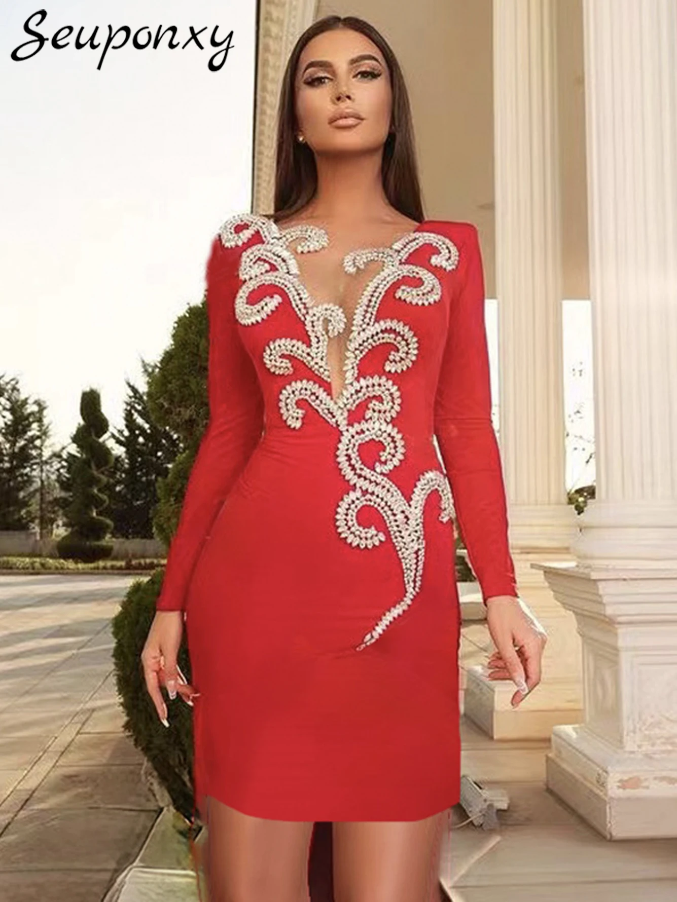 High Quality Bandage Dress Sexy O-Neck Long Sleeved Mesh Luxury Diamond Crystal Elegant Celebrity Party Mini Dress Vestidos
High Quality Bandage Dress Sexy O-Neck Long Sleeved Mesh Luxury Diamond Crystal Elegant Celebrity Party Mini Dress Vestidos