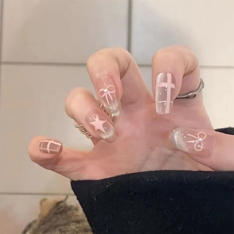 Sweet Butterfly Knot Handmade Press on Nails Wearing Armor Pink Cat Eye Effect Star Line Simple Nail Strap Tool Kit
Sweet Butterfly Knot Handmade Press on Nails Wearing Armor Pink Cat Eye Effect Star Line Simple Nail Strap Tool Kit