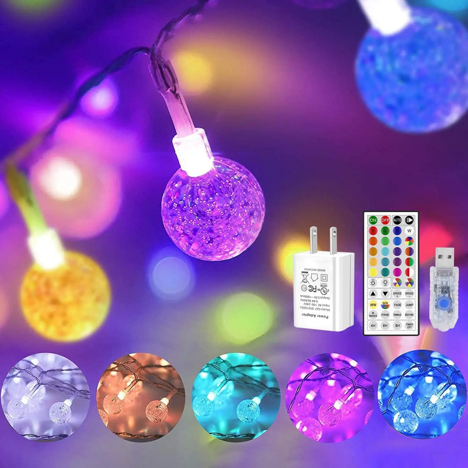 16.5ft 50 LED Crystal Globe Fairy Lights with Remote Timer, 24+1 Colors, USB Plug, Indoor Decorative String Lights for Bedroom Party
16.5ft 50 LED Crystal Globe Fairy Lights with Remote Timer, 24+1 Colors, USB Plug, Indoor Decorative String Lights for Bedroom Party