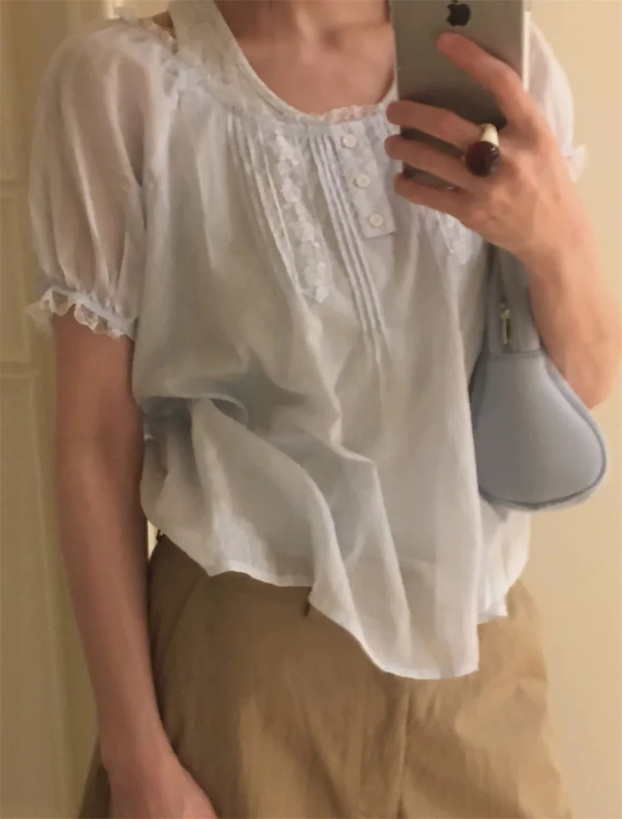 Sweet Lace Trim Short Sleeve round Neck Top Pure Cotton Breathable Women's Shirt Commute Style Loose Fit Summer Season
Sweet Lace Trim Short Sleeve round Neck Top Pure Cotton Breathable Women's Shirt Commute Style Loose Fit Summer Season