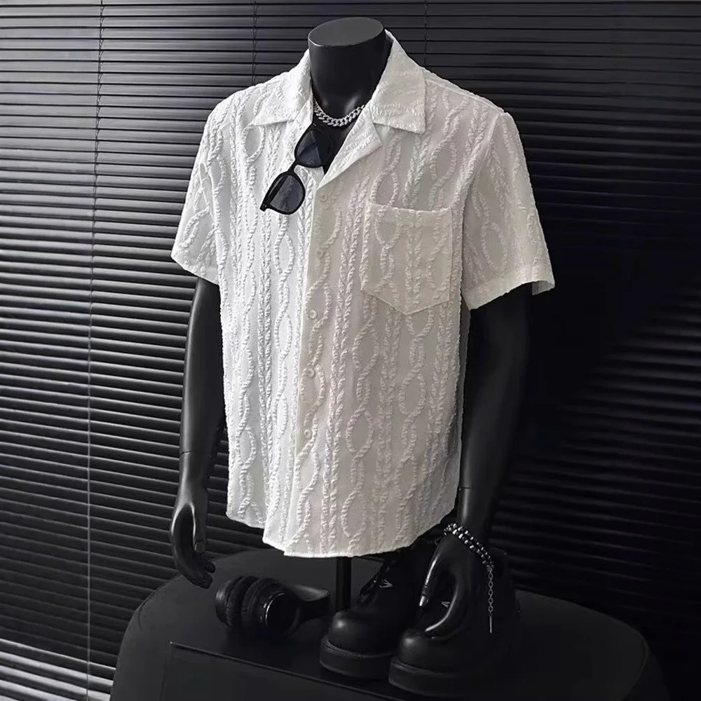 Fashion Textured Jacquard Shirt Men Cuban Collar Short Sleeve Loose Top Retro Japan Style Luxury Ice Silk Cool Shirt Streetwear
Fashion Textured Jacquard Shirt Men Cuban Collar Short Sleeve Loose Top Retro Japan Style Luxury Ice Silk Cool Shirt Streetwear
