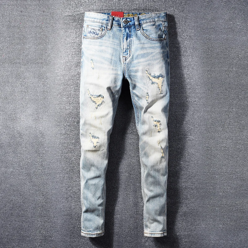 Street Designer Fashion Men Jeans High Quality Retro Light Blue Patched Ripped Jeans Men Stretch Slim Fit Vintage Denim Pants
Street Designer Fashion Men Jeans High Quality Retro Light Blue Patched Ripped Jeans Men Stretch Slim Fit Vintage Denim Pants