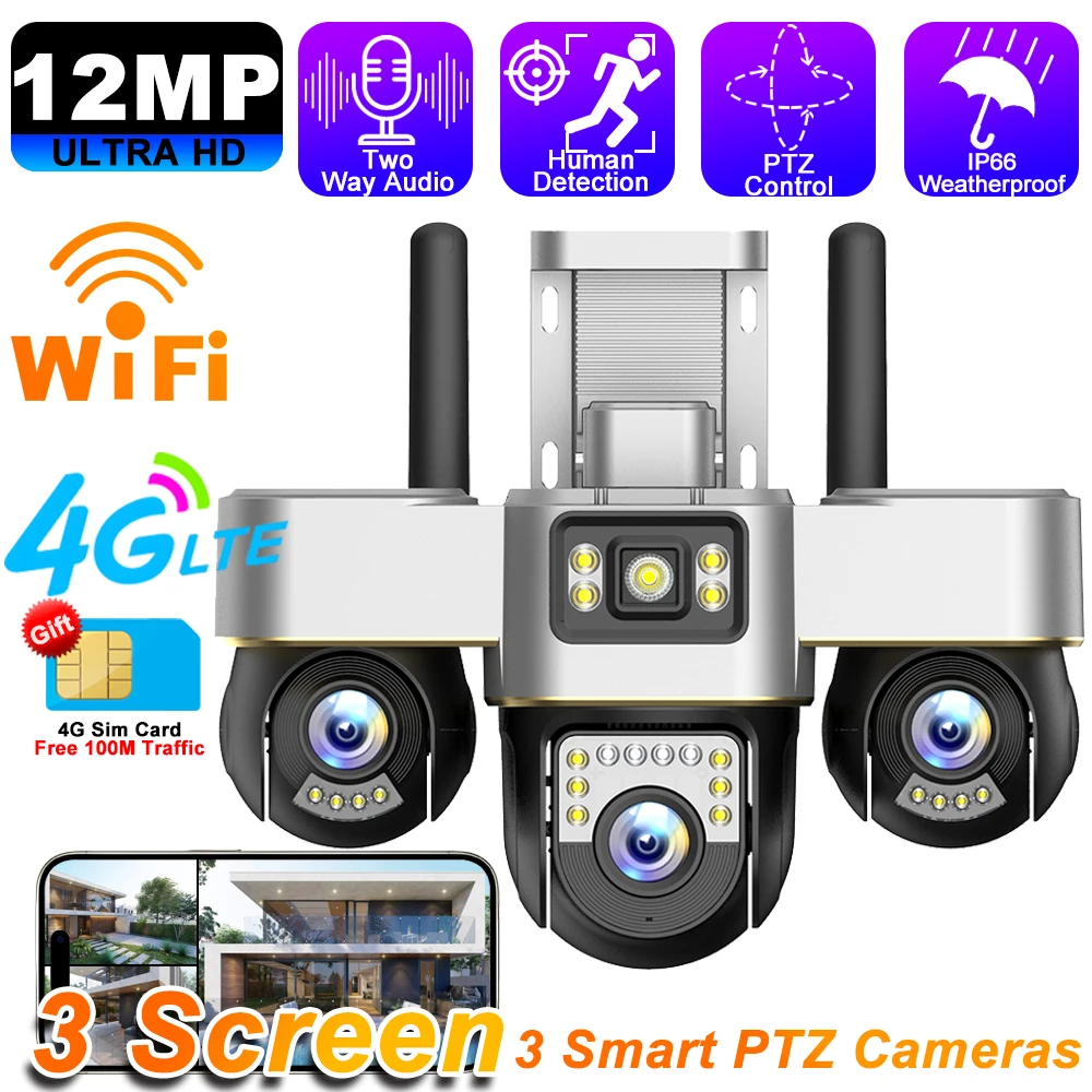 12MP 3 Motorized PTZ Cameras in 1 4G IP Camera Wireless Outdoor WiFi Three Lens HD Human Detection Night Vision Security CCTV
12MP 3 Motorized PTZ Cameras in 1 4G IP Camera Wireless Outdoor WiFi Three Lens HD Human Detection Night Vision Security CCTV