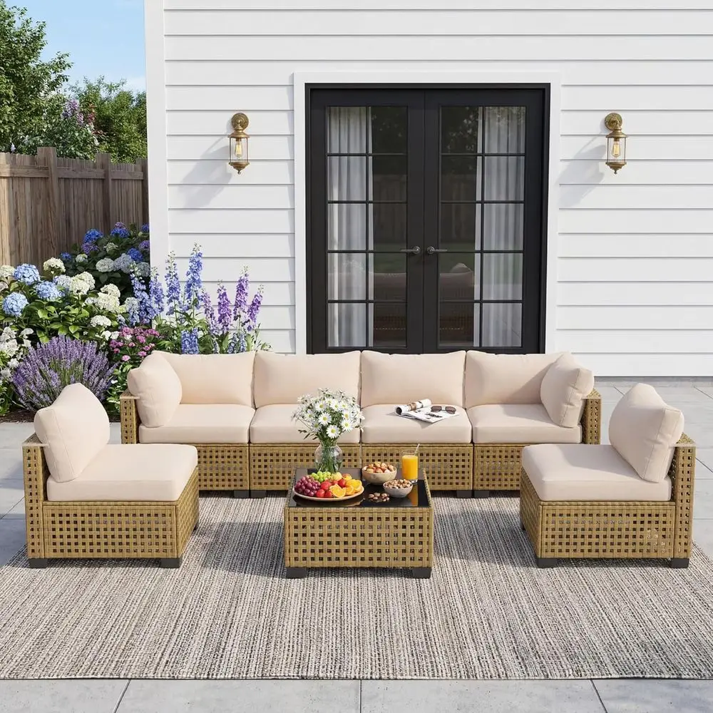 Patio urniture Set, 7-Piece Outdoor Sectional Couch with Coee Table & Thick Cushions, Outdoor Wicker Contion Set or Backyard, Po
Patio urniture Set, 7-Piece Outdoor Sectional Couch with Coee Table & Thick Cushions, Outdoor Wicker Contion Set or Backyard, Po