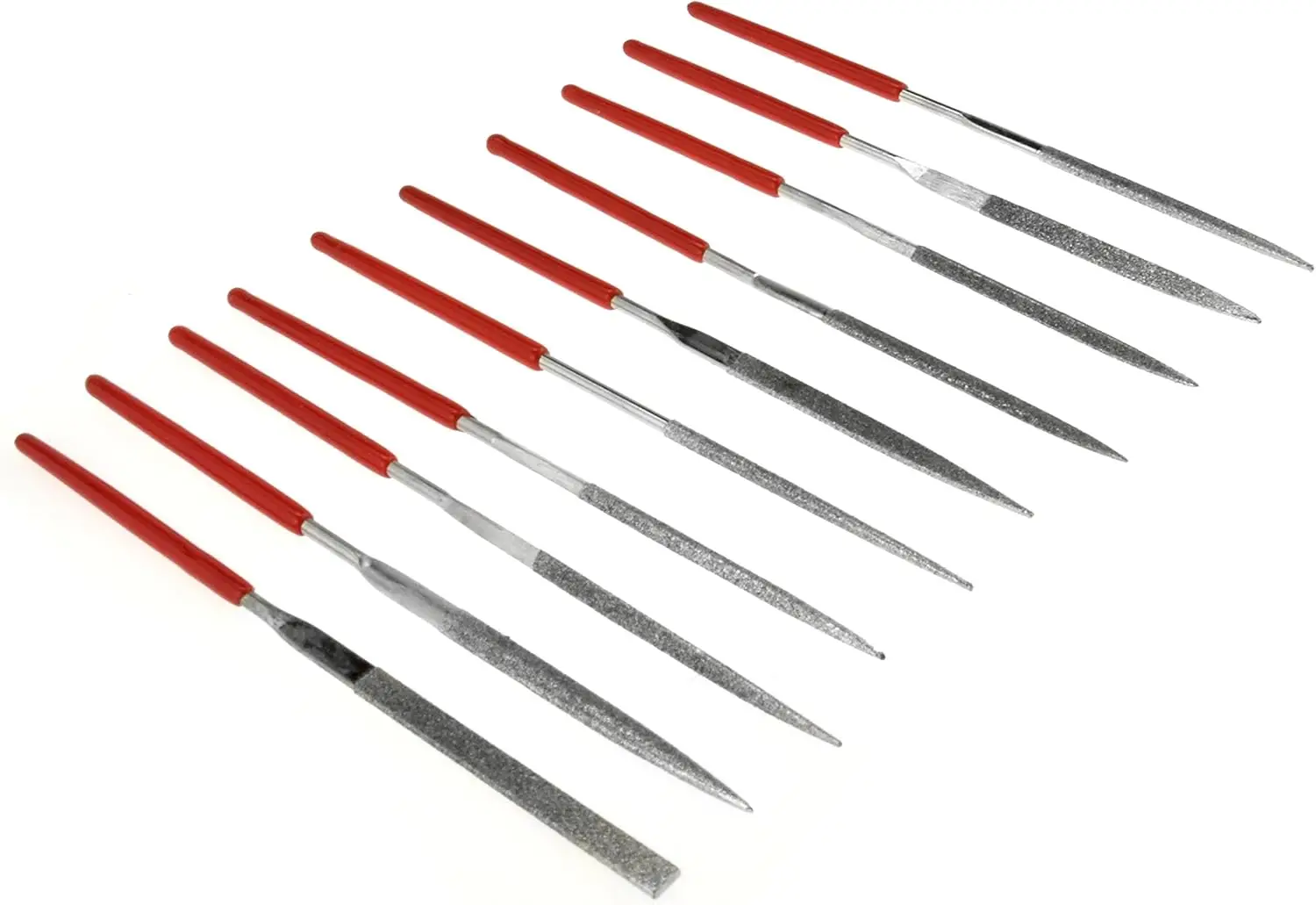 10-Piece Mini Diamond Needle File Set, 150 Grit - Assorted Shapes, 3-1/4" Length for Jewelers, Wood, Stone, Glass, Gemstones
10-Piece Mini Diamond Needle File Set, 150 Grit - Assorted Shapes, 3-1/4" Length for Jewelers, Wood, Stone, Glass, Gemstones
