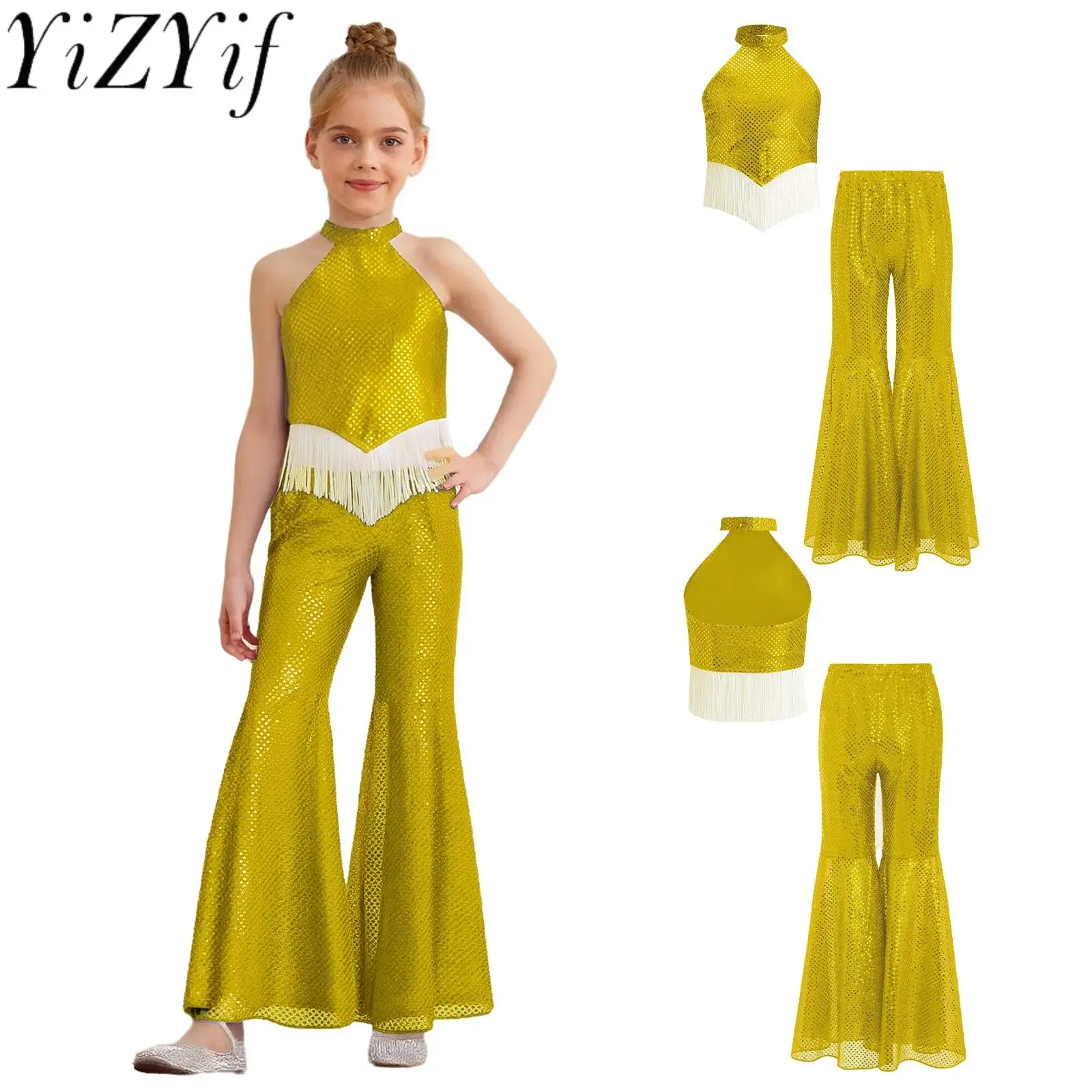 Kids Girls Elegant Jazz Waltz Tango Banquet Dance Outfits Halter Sleeveless Backless Tassels Hem Crop Top with Flared Pants Sets
Kids Girls Elegant Jazz Waltz Tango Banquet Dance Outfits Halter Sleeveless Backless Tassels Hem Crop Top with Flared Pants Sets