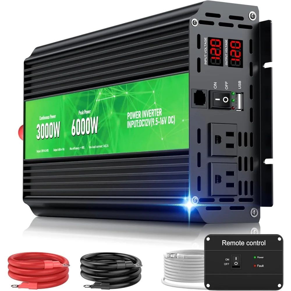 3000W Power Inverter,Peak Power 6000W 12V DC to AC 110V120V,Remote Control with 2AC Outlets and 2.4USB Port,LCD Display
3000W Power Inverter,Peak Power 6000W 12V DC to AC 110V120V,Remote Control with 2AC Outlets and 2.4USB Port,LCD Display