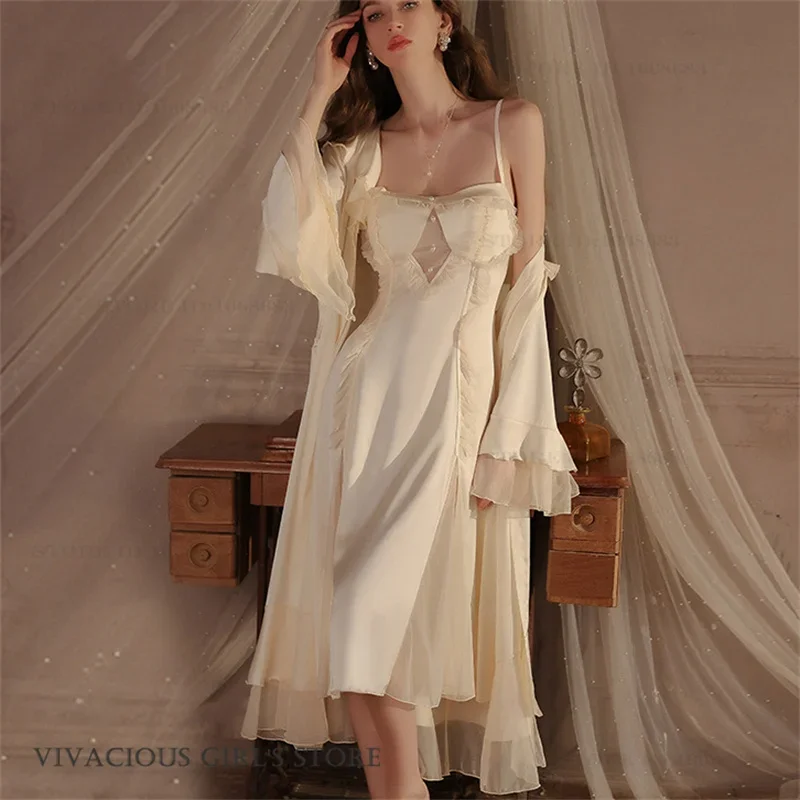 Female Long 2PCS Robe Nightgown Set Sexy Patchwork Lace Suspender Nightdress Home Clothese Spring Summer New Bathrobe Gown
Female Long 2PCS Robe Nightgown Set Sexy Patchwork Lace Suspender Nightdress Home Clothese Spring Summer New Bathrobe Gown