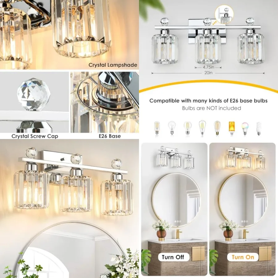 Crystal Bathroom Lighting Fixtures Over Mirror, 3 Light Chrome Brushed Nickel Vanity Light, Modern Bath Wall Sconce Lighting fo
Crystal Bathroom Lighting Fixtures Over Mirror, 3 Light Chrome Brushed Nickel Vanity Light, Modern Bath Wall Sconce Lighting fo