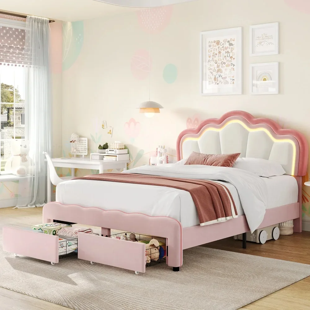 Queen Size LED Bed Frame with Drawer, Modern Velvet Upholstered Platform Bed with Adjustable Petal Headboard, Pink
Queen Size LED Bed Frame with Drawer, Modern Velvet Upholstered Platform Bed with Adjustable Petal Headboard, Pink