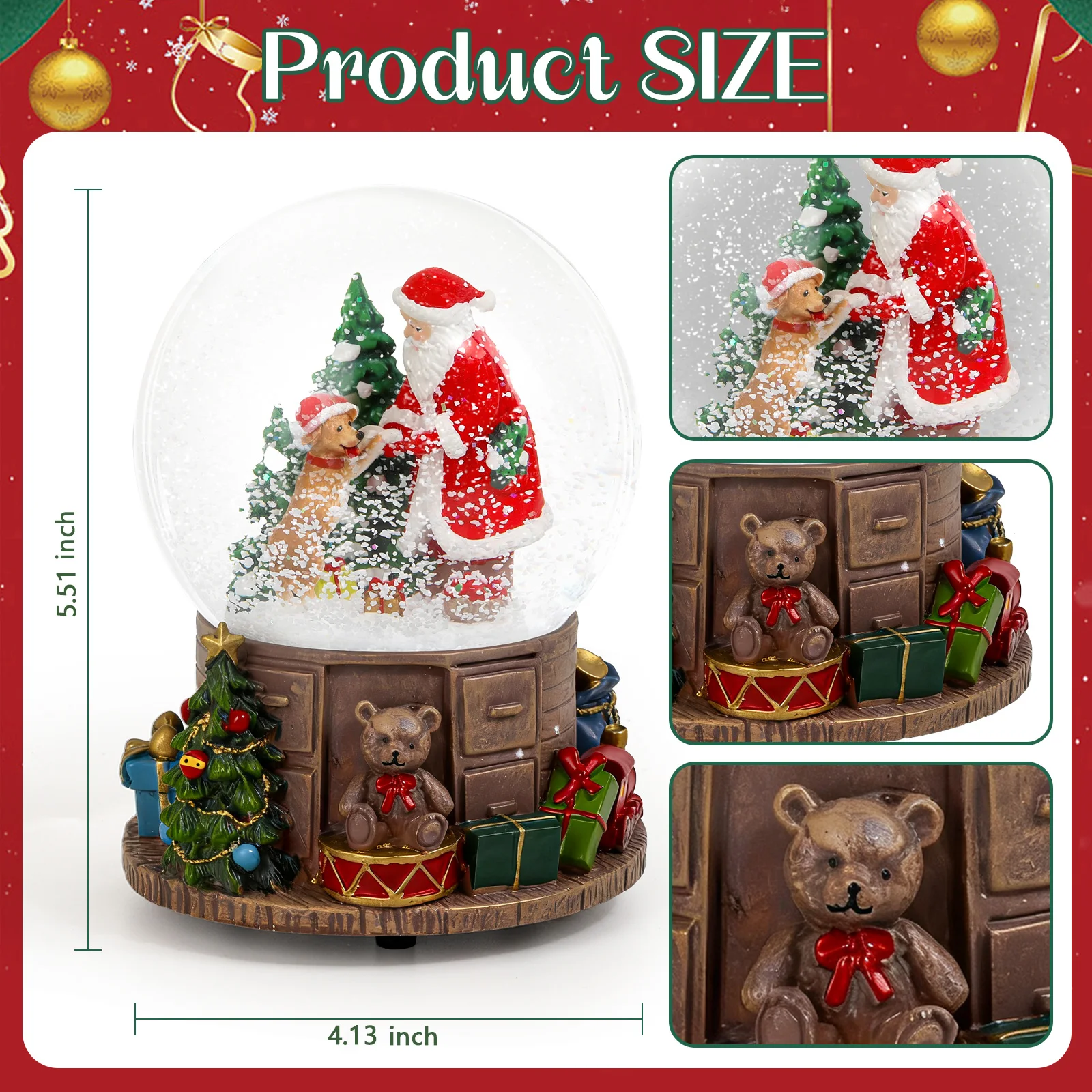 Christmas Snow Globe Santa with Dancing Dogs Scene, Holiday Music Box for Kids
Christmas Snow Globe Santa with Dancing Dogs Scene, Holiday Music Box for Kids