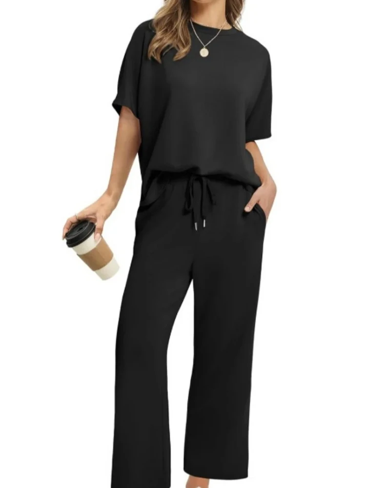 Wide Leg Nine Pants Round Neck Beach Vacation Polyester Fiber Two Piece Set Female Clothing Casual Summer Outfit Set for Women
Wide Leg Nine Pants Round Neck Beach Vacation Polyester Fiber Two Piece Set Female Clothing Casual Summer Outfit Set for Women