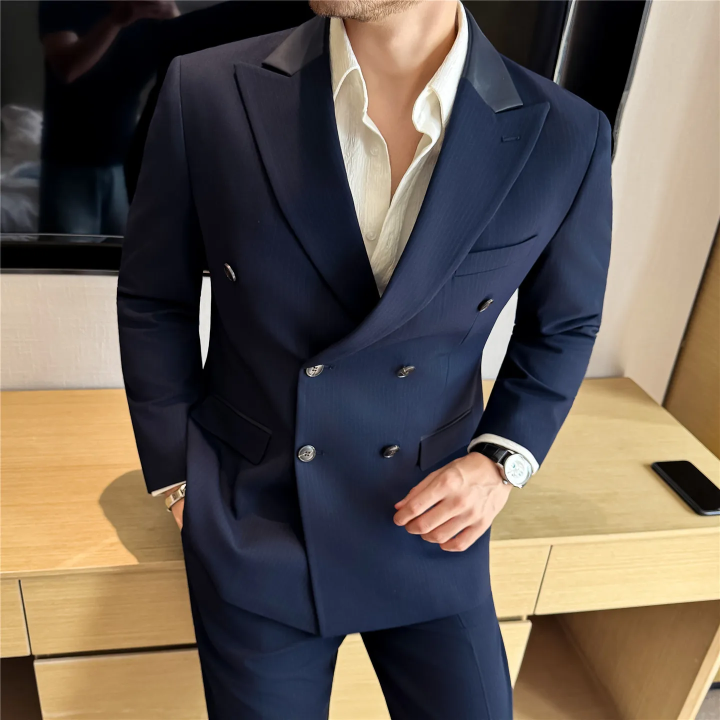 Autumn Winter Thick Striped Leather Suit Two-piece Set (jacket+pants) Double Breasted Business Casual Suit Wedding Groom Dress
Autumn Winter Thick Striped Leather Suit Two-piece Set (jacket+pants) Double Breasted Business Casual Suit Wedding Groom Dress