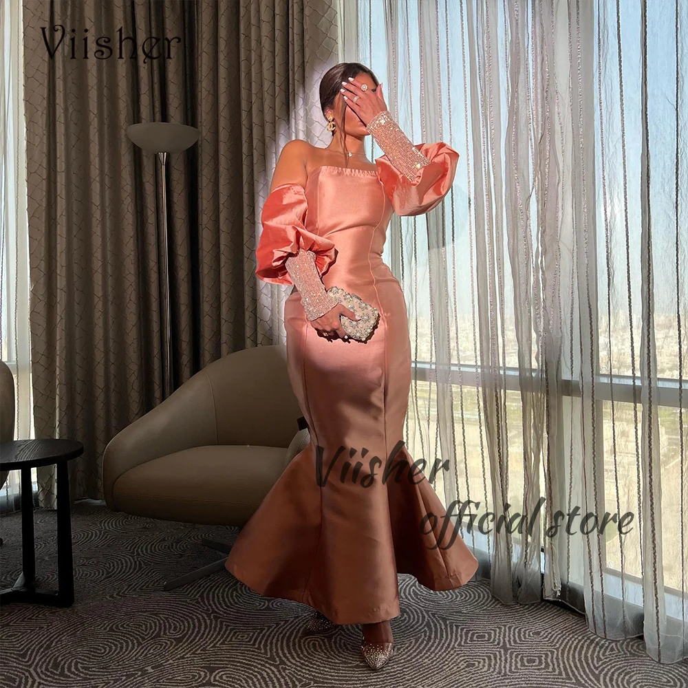 Coral Mermaid Evening Dresses with Sleeve Strapless Beaded Satin Prom Party Dress Arabian Dubai Fromal Gown Ankle Length
Coral Mermaid Evening Dresses with Sleeve Strapless Beaded Satin Prom Party Dress Arabian Dubai Fromal Gown Ankle Length