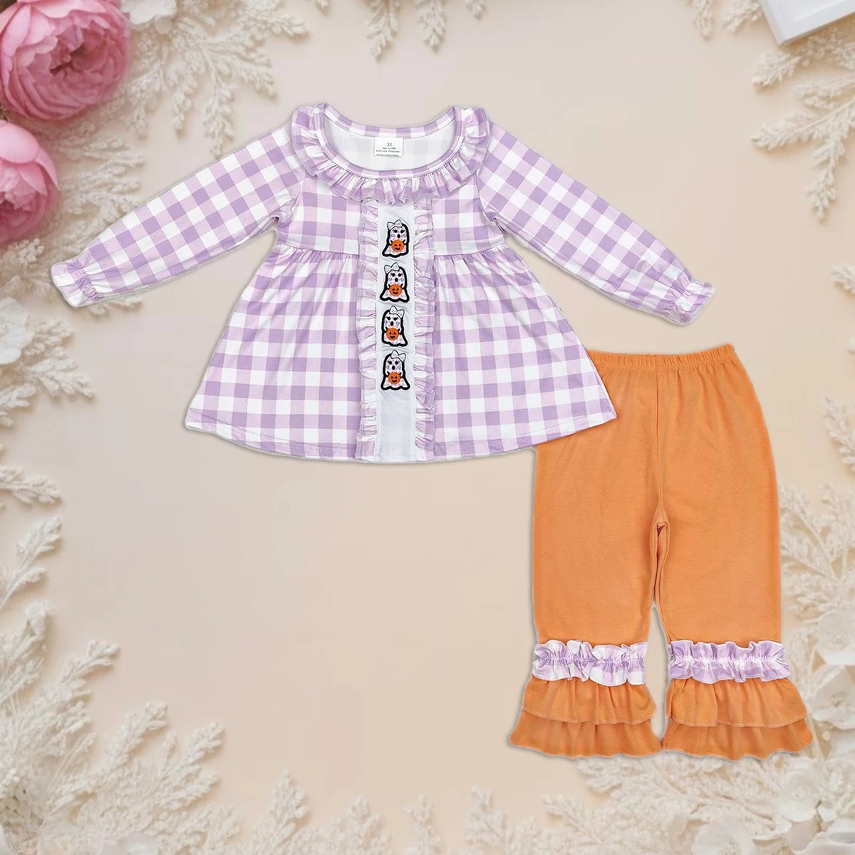 Baby Girl Halloween Outfit Plaid Embroidery Ghost Tunic Top with Ruffles Pants Toddler Two Piece Sets Kids Wholesale Clothing
Baby Girl Halloween Outfit Plaid Embroidery Ghost Tunic Top with Ruffles Pants Toddler Two Piece Sets Kids Wholesale Clothing