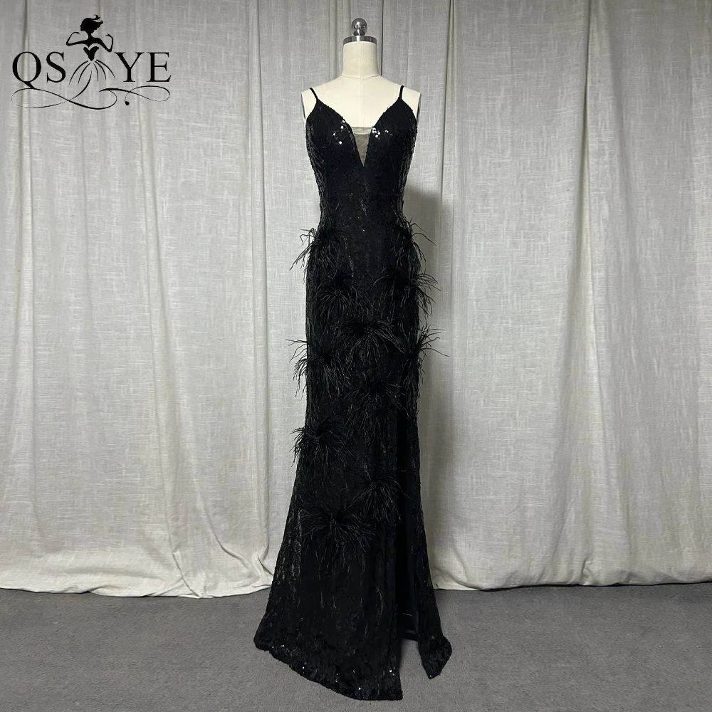 Ostrich Hair Black Prom Dresses Sequin Pattern Lace Princess Party Gown Spaghetti Straps V neck Slit End Glitter Evening Dress
Ostrich Hair Black Prom Dresses Sequin Pattern Lace Princess Party Gown Spaghetti Straps V neck Slit End Glitter Evening Dress
