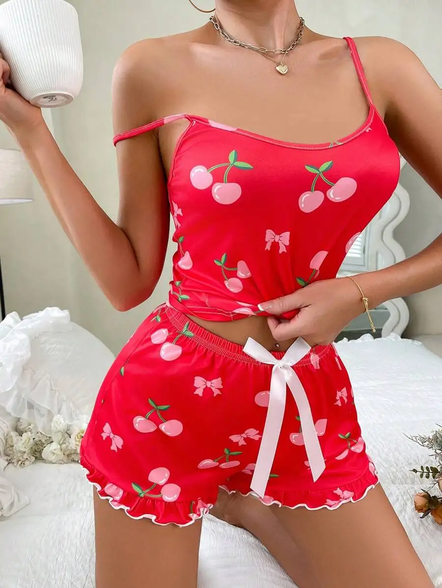 Womens Cherry Print Cami Pajama Set With Ruffle Shorts
Womens Cherry Print Cami Pajama Set With Ruffle Shorts