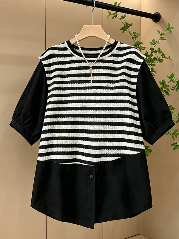 plus Size Casual Striped Shirt Cover Belly Color Block Short Sleeve Women's Daily Wear Comfortable Loose Fashionable Top
plus Size Casual Striped Shirt Cover Belly Color Block Short Sleeve Women's Daily Wear Comfortable Loose Fashionable Top