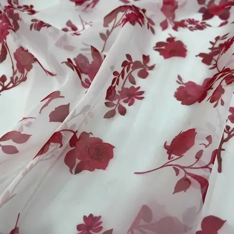 New Runway Chemical Fiber 30d Chiffon Printed Fabric High Quality Women's Dress Clothing Red Black Flower Pattern Cloth Fabrics