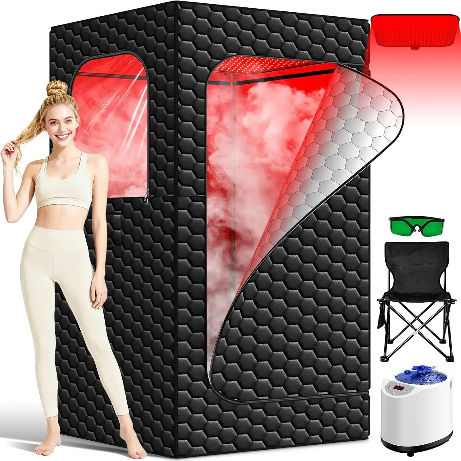 Portable Infrared Sauna Box with 160 Red LEDs, Steam Room, 3L Steamer, 15 Heat Levels & Folding Chair for Home Spa
Portable Infrared Sauna Box with 160 Red LEDs, Steam Room, 3L Steamer, 15 Heat Levels & Folding Chair for Home Spa