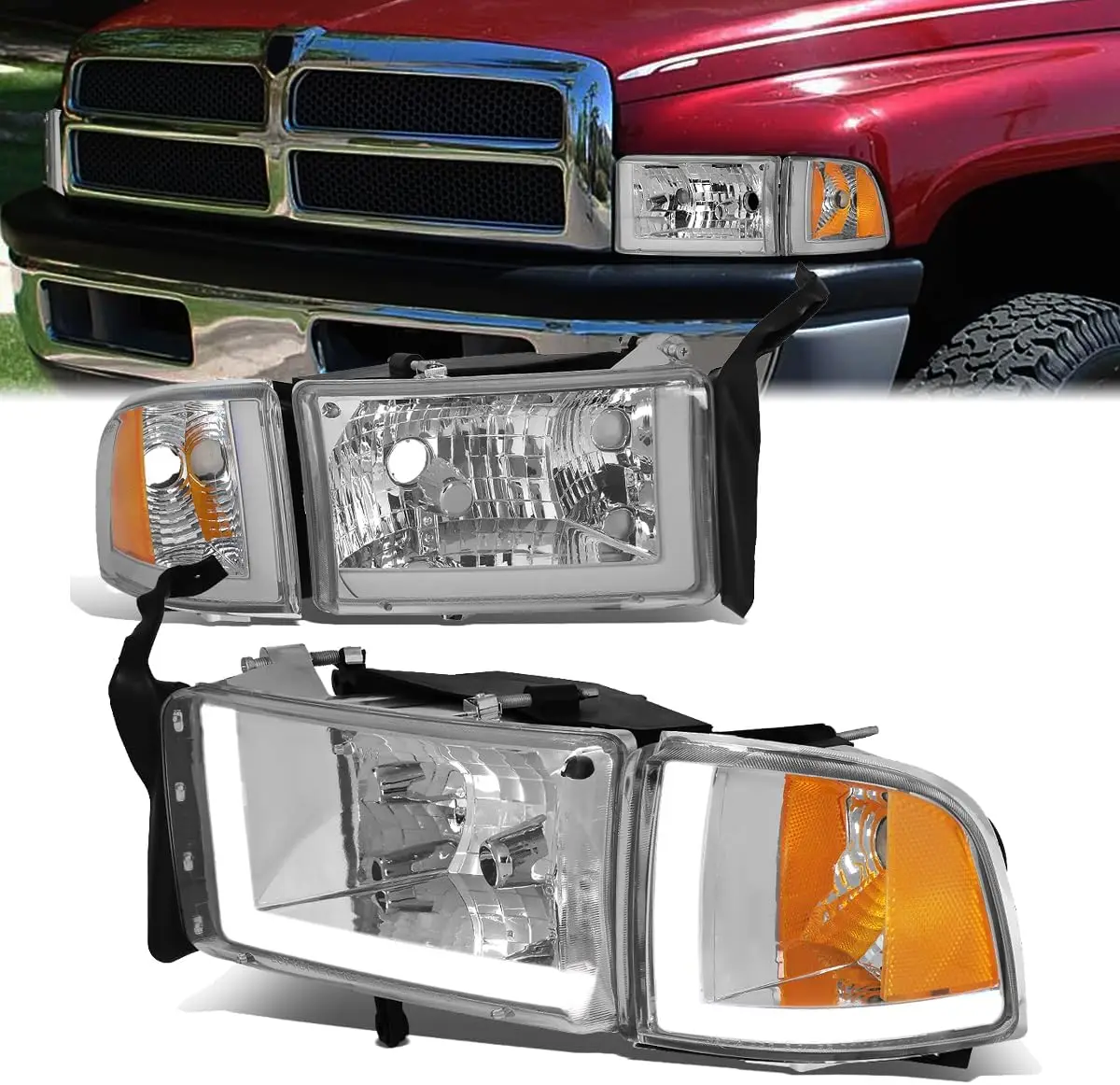 Фры в сборе с указателями поворота, совместимые с Dodge Ram 1500 2500 3500 1994-2002 годов, светодиодные DRL Halo, хромированный корпус Amb
Фры в сборе с указателями поворота, совместимые с Dodge Ram 1500 2500 3500 1994-2002 годов, светодиодные DRL Halo, хромированный корпус Amb