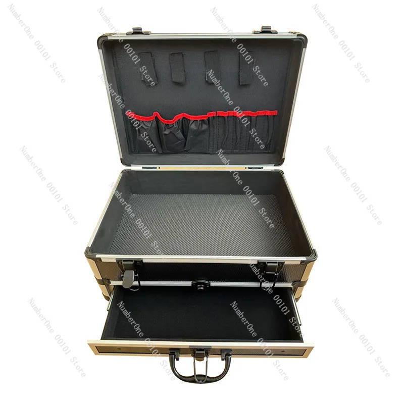 Black aluminum alloy case with drawer, hard shell tool storage cabinet, suitcase.
Black aluminum alloy case with drawer, hard shell tool storage cabinet, suitcase.