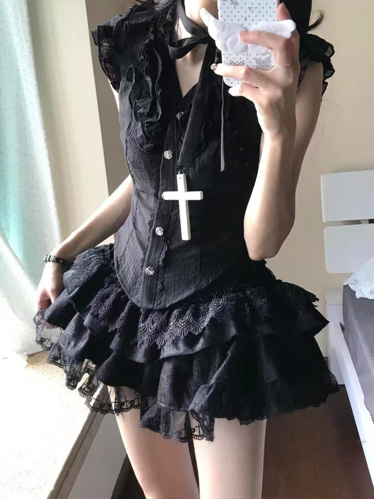 Summer New Subculture Hot Girl Black Lace Flutter Sleeve Fitted Top + Cake Skirt Suit Cute Lolita Two-Piece Set for Women 2026
Summer New Subculture Hot Girl Black Lace Flutter Sleeve Fitted Top + Cake Skirt Suit Cute Lolita Two-Piece Set for Women 2026