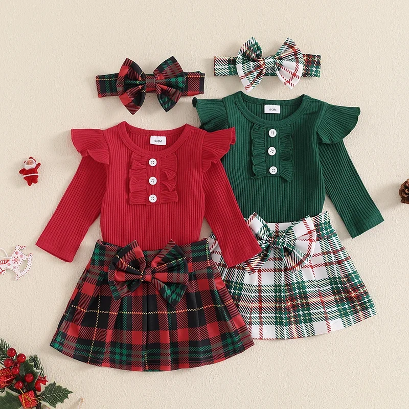 Newborn Infant Baby Girls Christmas Outfits Long Sleeve Ribbed Romper + Plaid Skirt + Headband Set Newborn Clothes
Newborn Infant Baby Girls Christmas Outfits Long Sleeve Ribbed Romper + Plaid Skirt + Headband Set Newborn Clothes