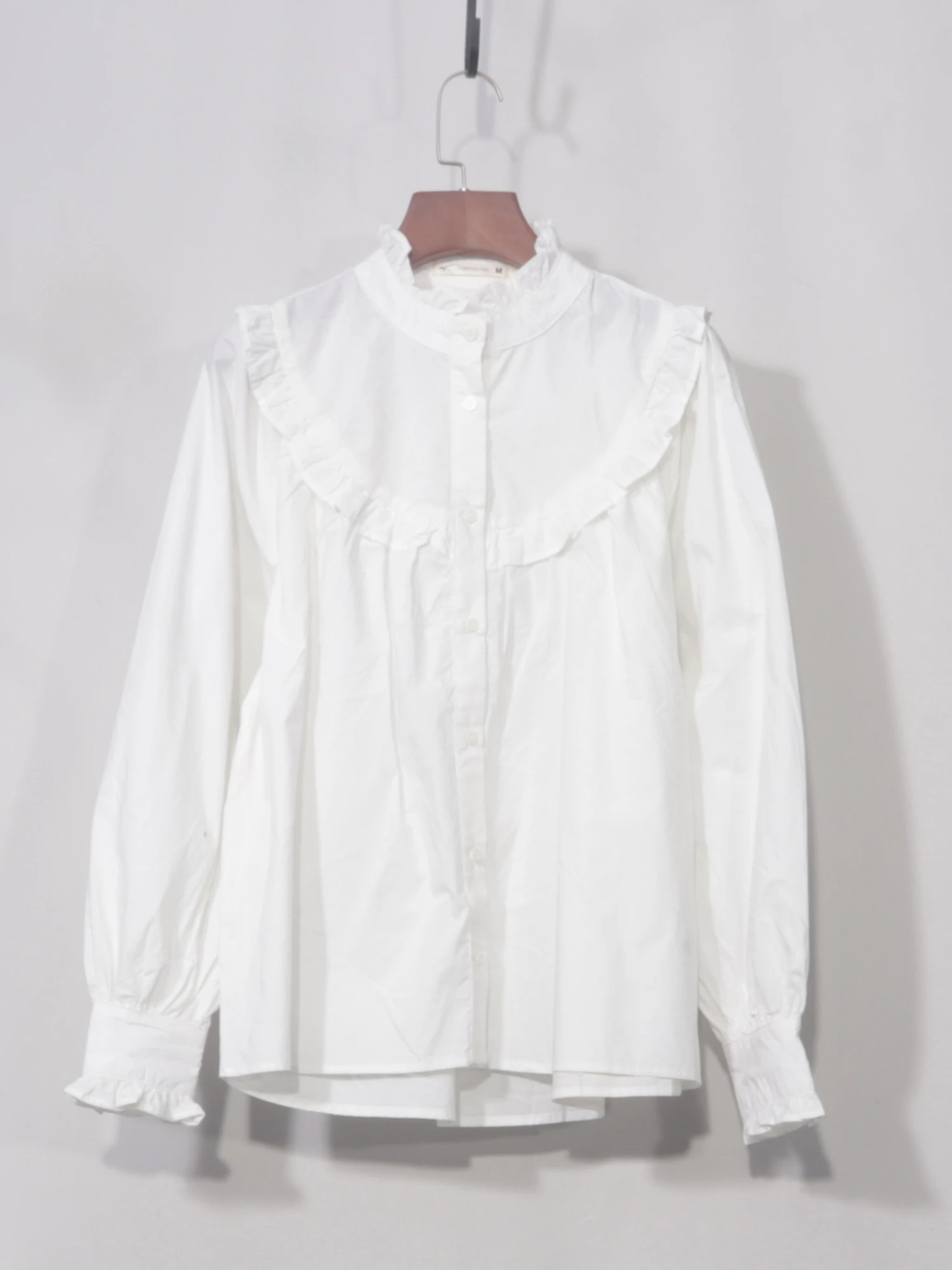 White Cotton Casual Shirt with Ruffle Design Single Button Stand Collar Long Sleeve Anti-Aging Heavy Embellishment for Women
White Cotton Casual Shirt with Ruffle Design Single Button Stand Collar Long Sleeve Anti-Aging Heavy Embellishment for Women