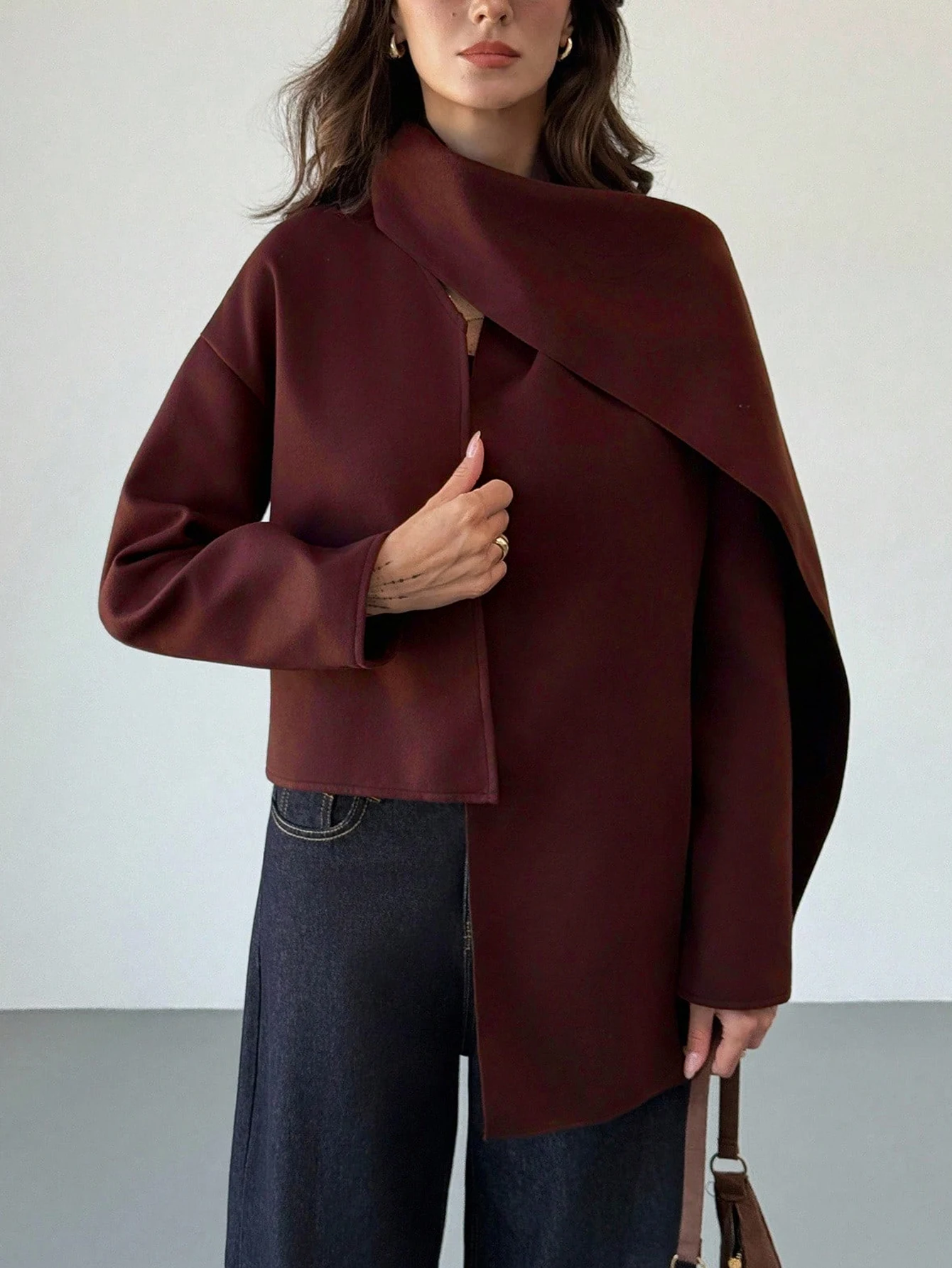 Women's Scarf-Drape Design Cropped Woolen Coat, Burgundy, Loose Elegant Commute Double-Faced Wool Top
Women's Scarf-Drape Design Cropped Woolen Coat, Burgundy, Loose Elegant Commute Double-Faced Wool Top