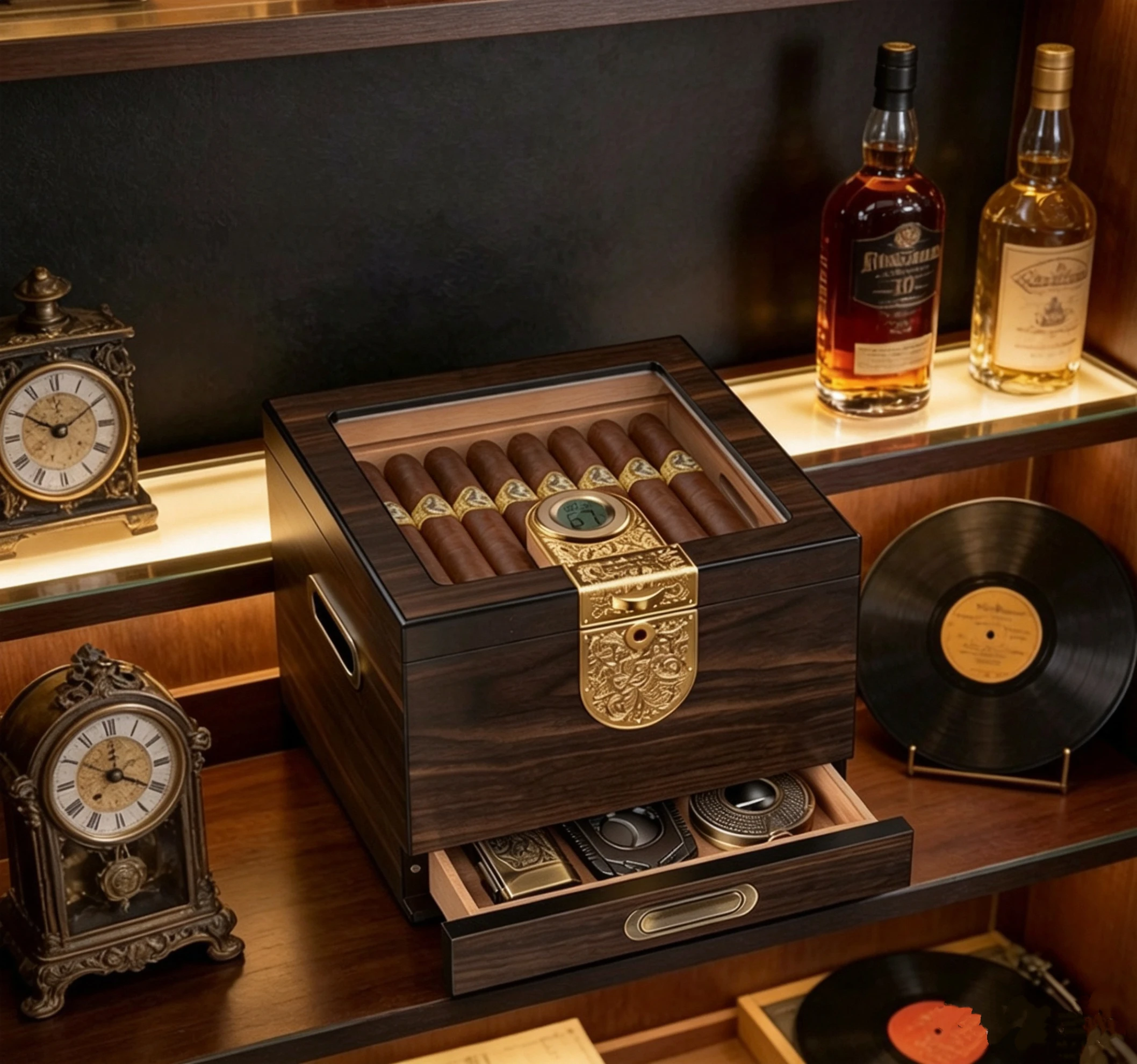 A Complete Set Of Cigar Boxes, Large Capacity Cedar Wood Moisturizing Cigar Box, Double-Layer Design.
A Complete Set Of Cigar Boxes, Large Capacity Cedar Wood Moisturizing Cigar Box, Double-Layer Design.