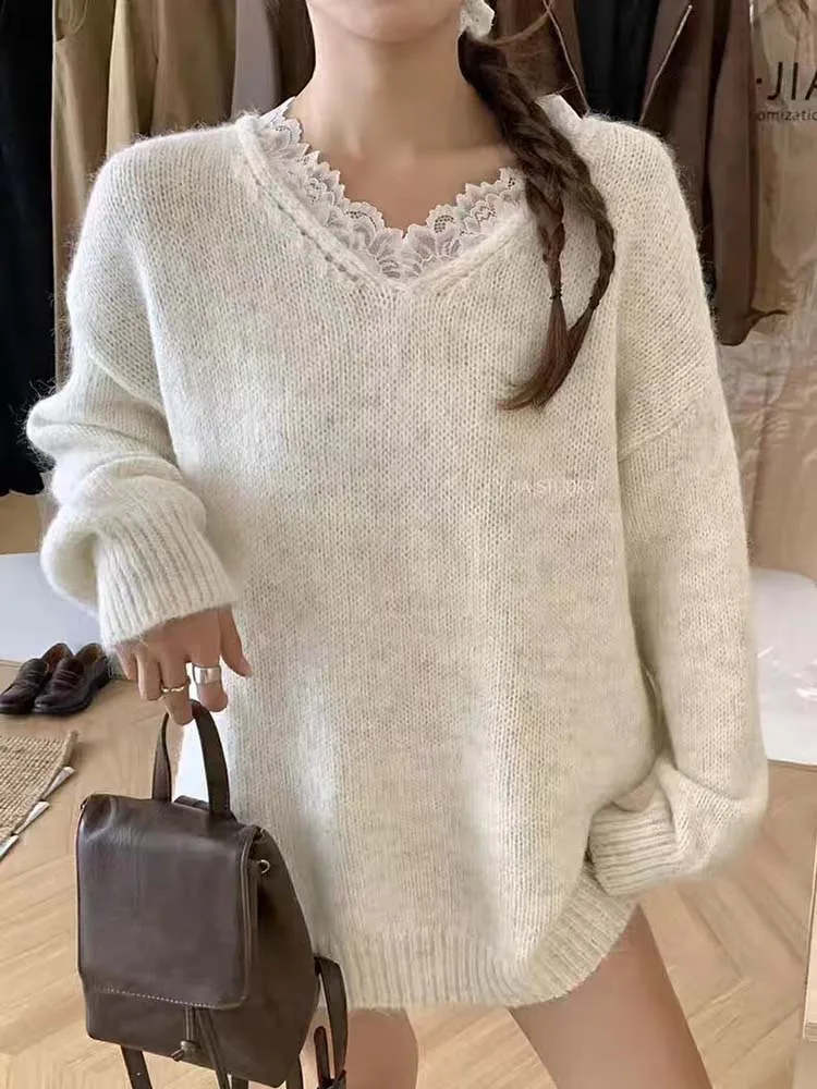 New 2025 Knitted Sweaters For Women Lace Patchwork Beige Gray Or Brown Loose Sweater Pullover Korean Style Fashion Sweaters
New 2025 Knitted Sweaters For Women Lace Patchwork Beige Gray Or Brown Loose Sweater Pullover Korean Style Fashion Sweaters