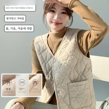 여성용 가을 겨울 2024 신상품 보온 조끼 가벼운 짧은 스타일 V넥 패딩 베이스 캐주얼 스타일의 다용도 내장 패딩
