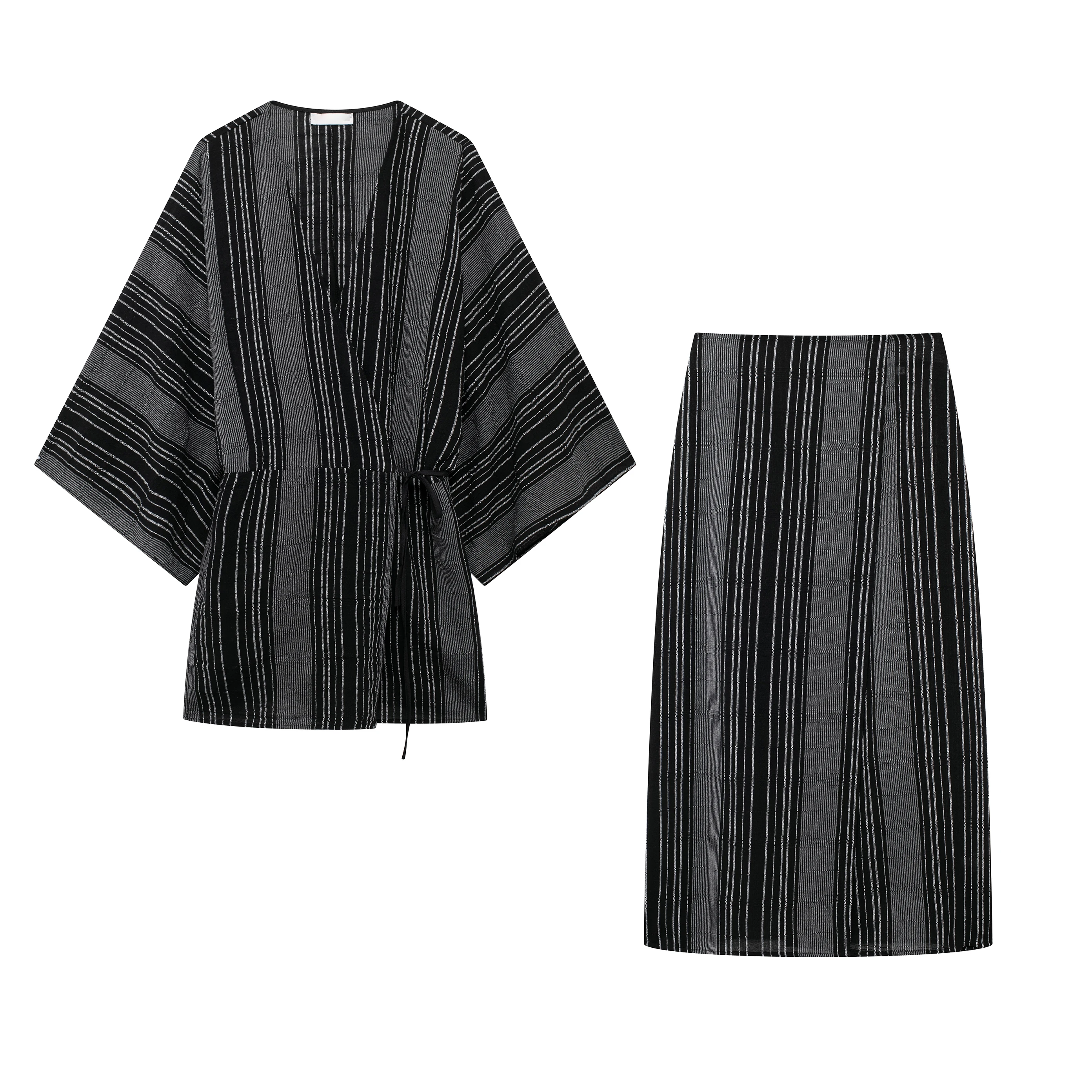 Retro Black And Gray Striped Embroidery Suit Women V-neck Thin Belt Shirt Jacket + Midi Skirt 2-piece Set Casual Outfits Female
Retro Black And Gray Striped Embroidery Suit Women V-neck Thin Belt Shirt Jacket + Midi Skirt 2-piece Set Casual Outfits Female