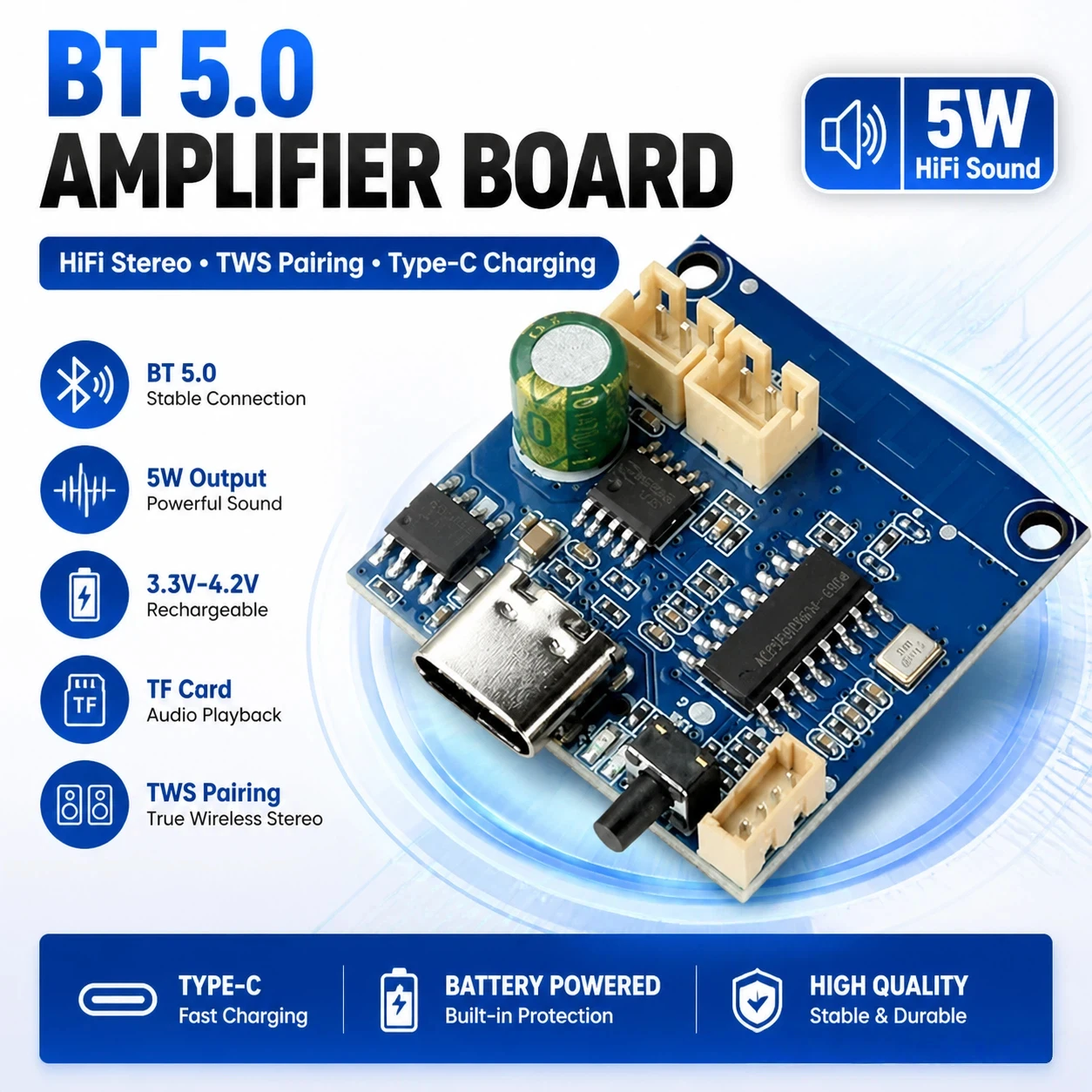 BT 5W Audio Amplifier Board DC 3.3V-4.2V TWS Pairing Type C Rechargeable TF Card HiFi Stereo Amp Module For Speaker DIY
BT 5W Audio Amplifier Board DC 3.3V-4.2V TWS Pairing Type C Rechargeable TF Card HiFi Stereo Amp Module For Speaker DIY
